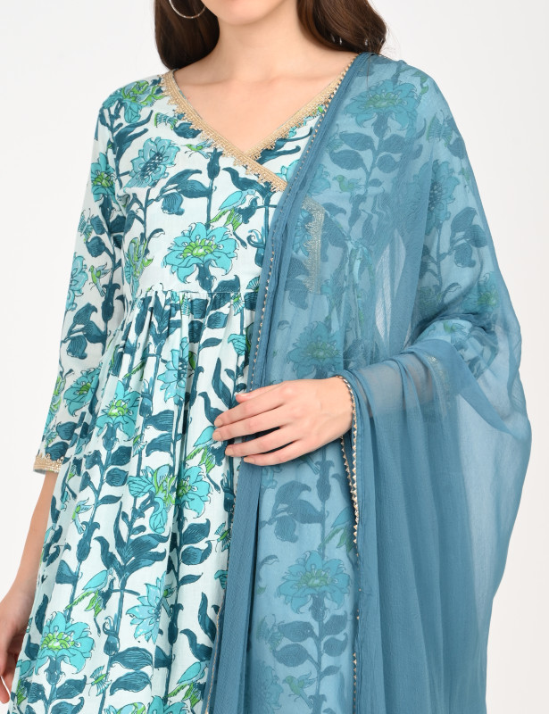 Aqua Blue Floral Printed Kurta Sharara Set with Dupatta for Women | Elegant Festive Ethnic Wear