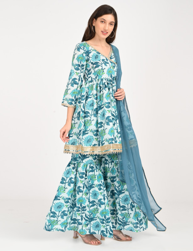 Aqua Blue Floral Printed Kurta Sharara Set with Dupatta for Women | Elegant Festive Ethnic Wear